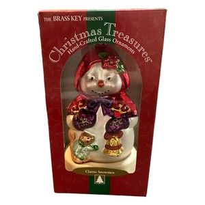 VTG Christmas Ornament,Brass Key,Hand-Crafted Glass,Classic Woodsman Snowmen